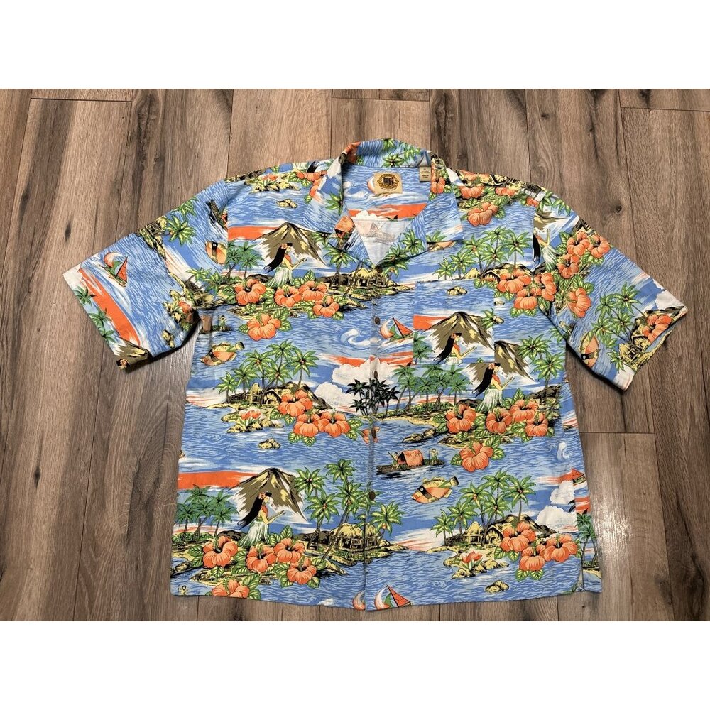 Pussers West Indies Hawaiian Shirt XL Blue/Orange Silk & Cotton Blend